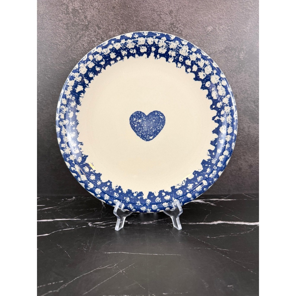 VTG Tienshen Folk Craft Hearts Blue White Spongeware 10 3/8in Dinner Plate READ